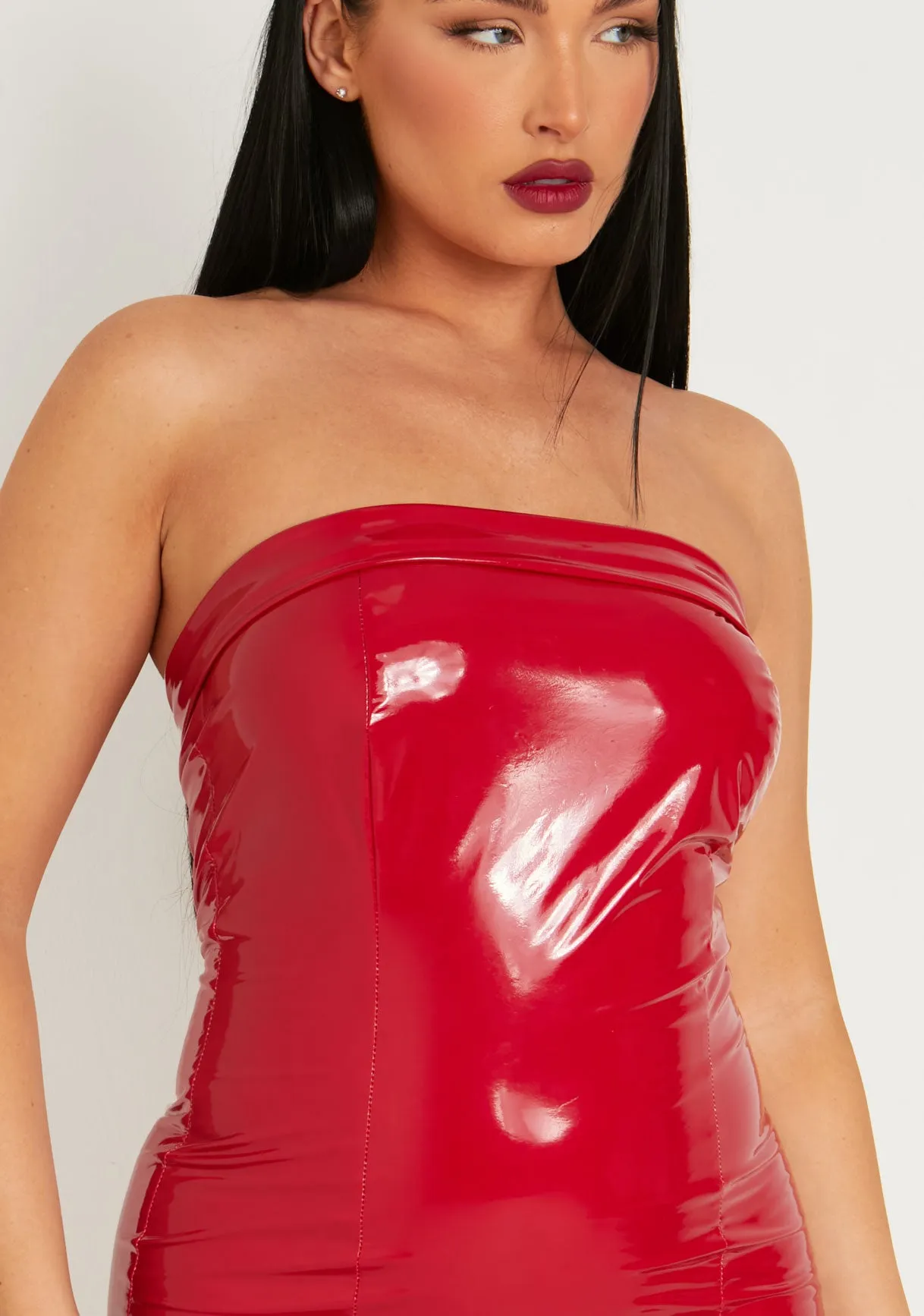 Ariya Red Vinyl Fold Over Bandeau Bodycon Mini Dress