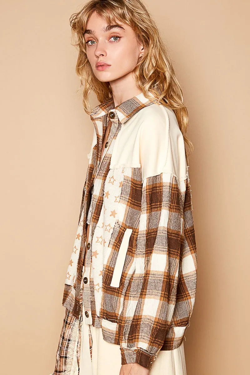Blue Zone Planet |  POL Plaid & Star Patchwork Contrast Long Sleeve Shacket