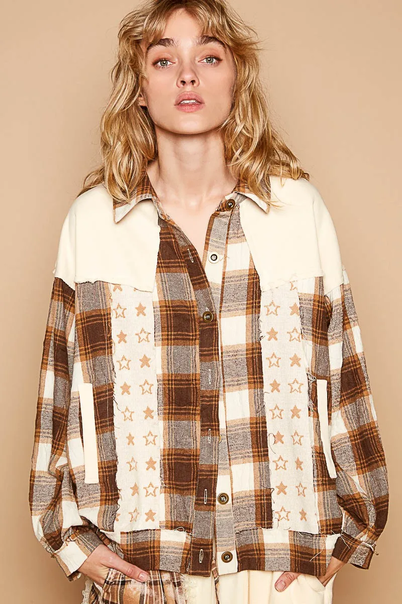 Blue Zone Planet |  POL Plaid & Star Patchwork Contrast Long Sleeve Shacket