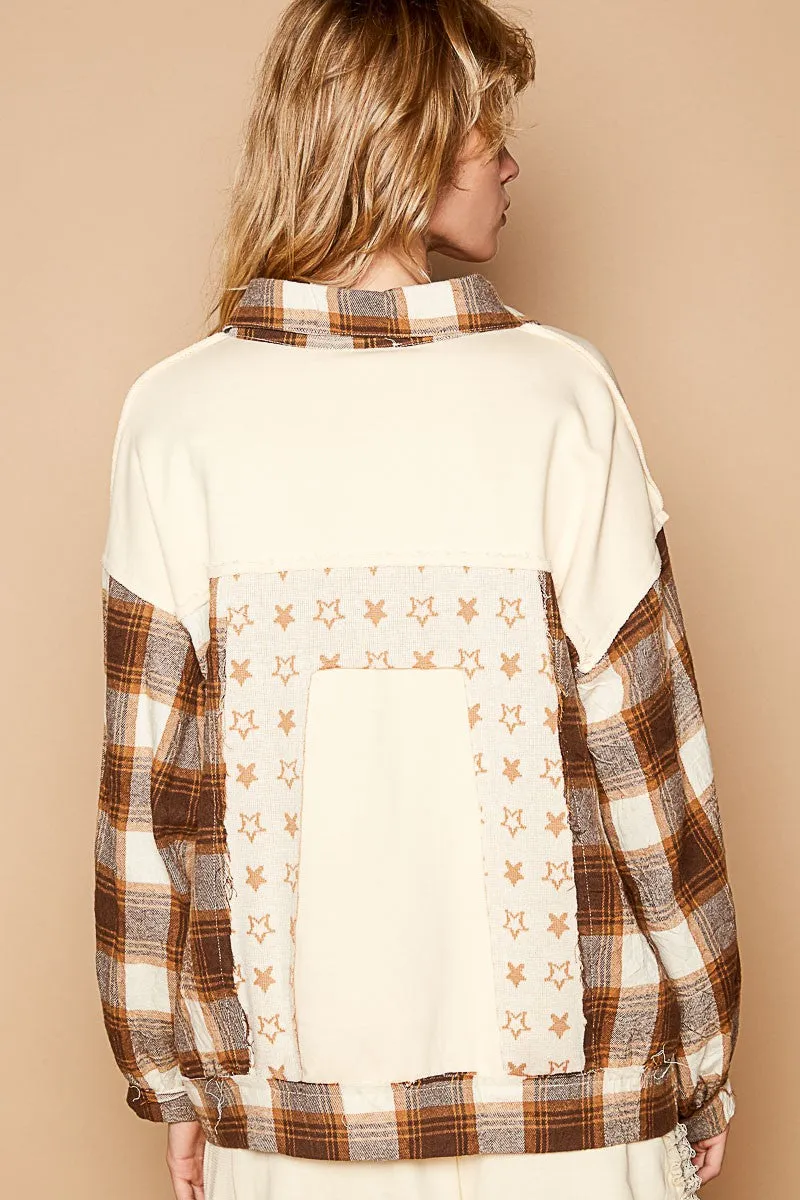 Blue Zone Planet |  POL Plaid & Star Patchwork Contrast Long Sleeve Shacket