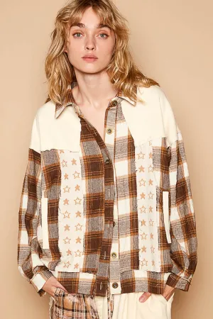 Blue Zone Planet |  POL Plaid & Star Patchwork Contrast Long Sleeve Shacket