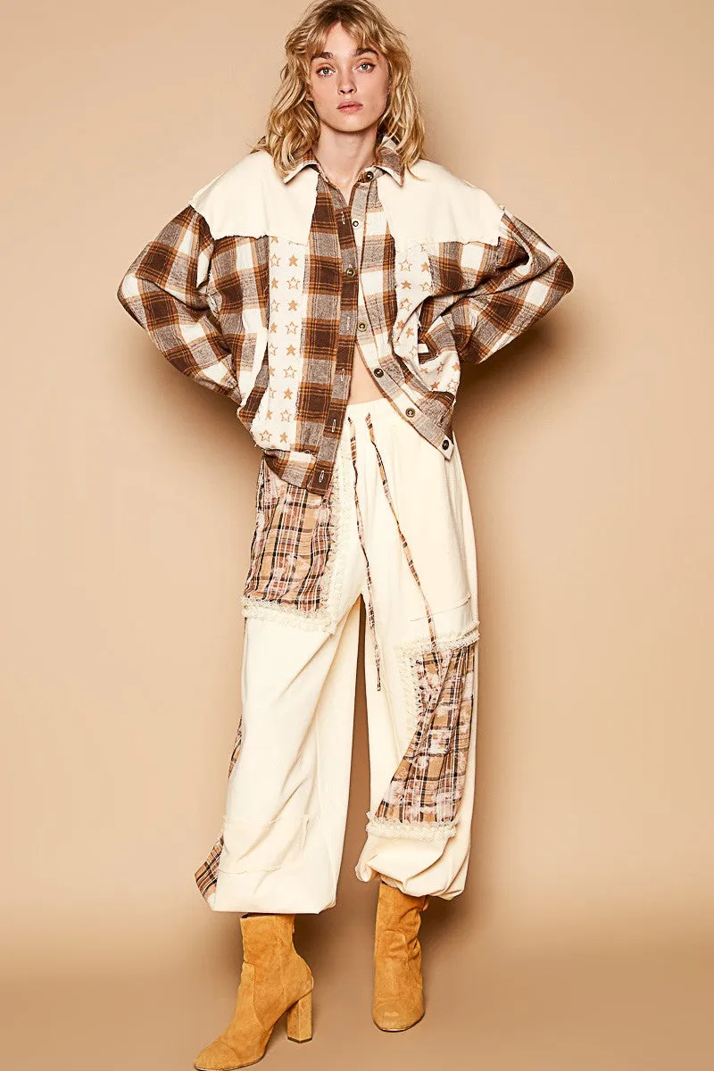 Blue Zone Planet |  POL Plaid & Star Patchwork Contrast Long Sleeve Shacket