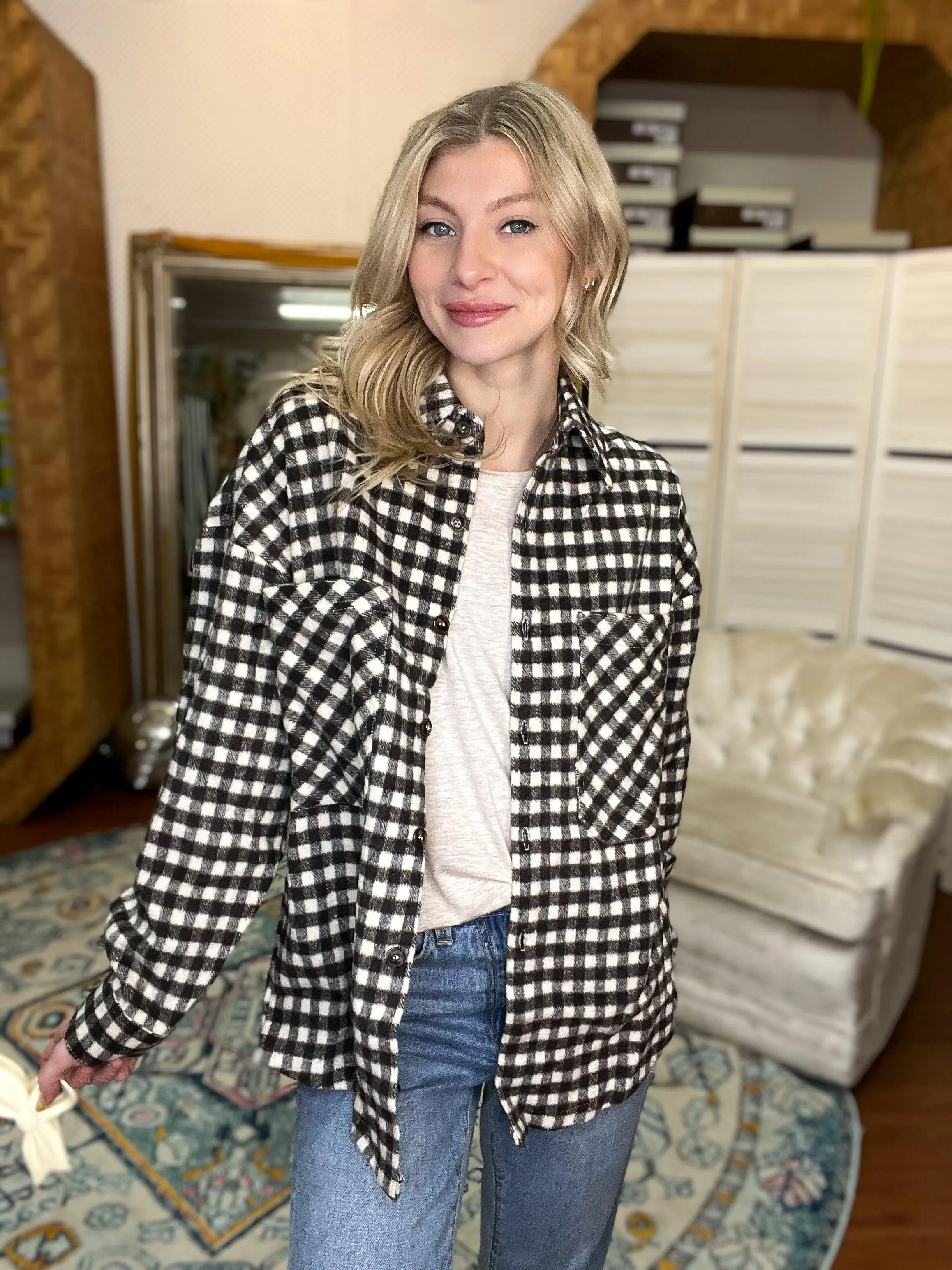 Brown and Cream Brushed Plaid Check Oversized Shacket