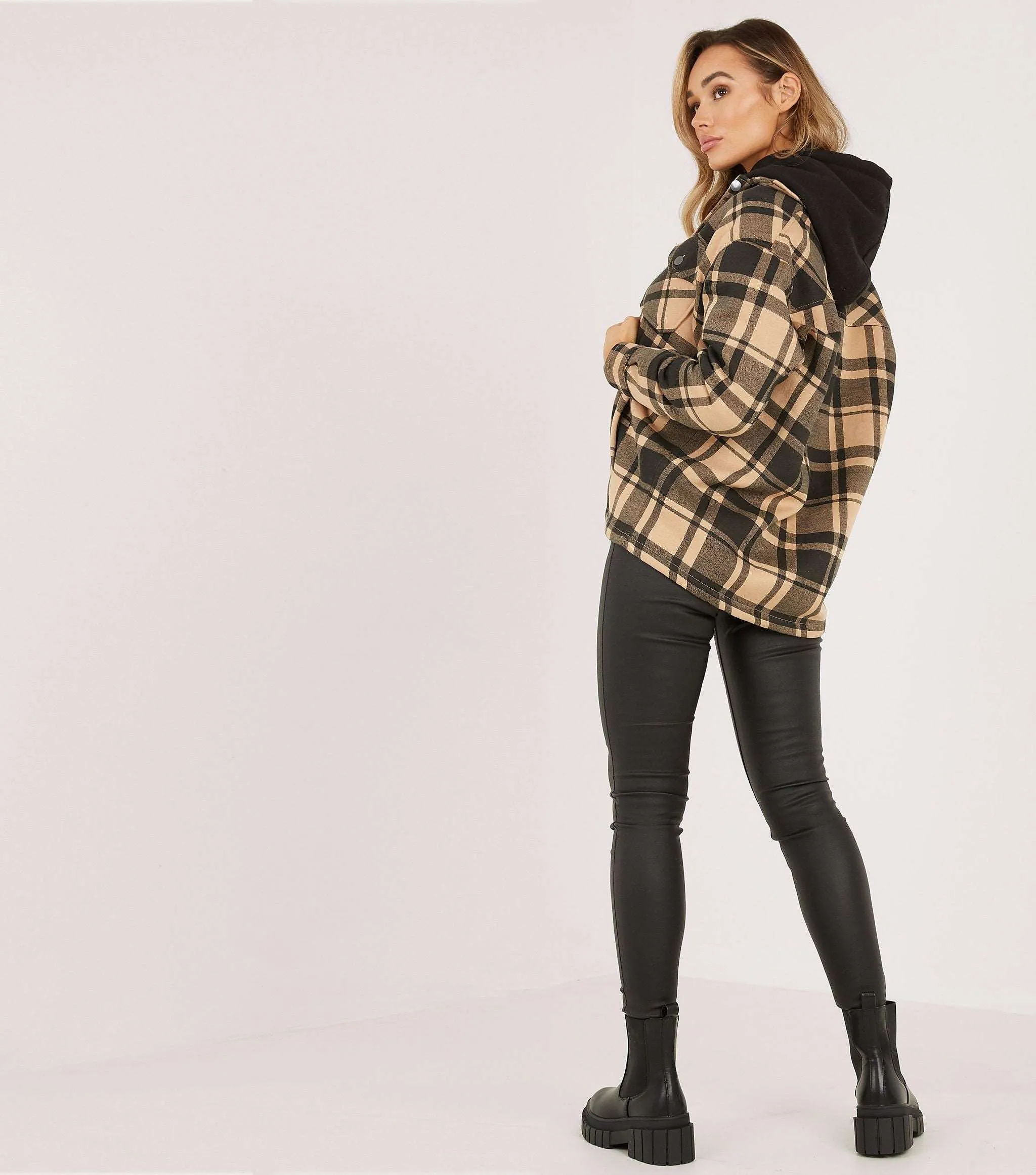 Camel & Blk Checked Shacket For Her-LSHKT-0017-Camel Brown