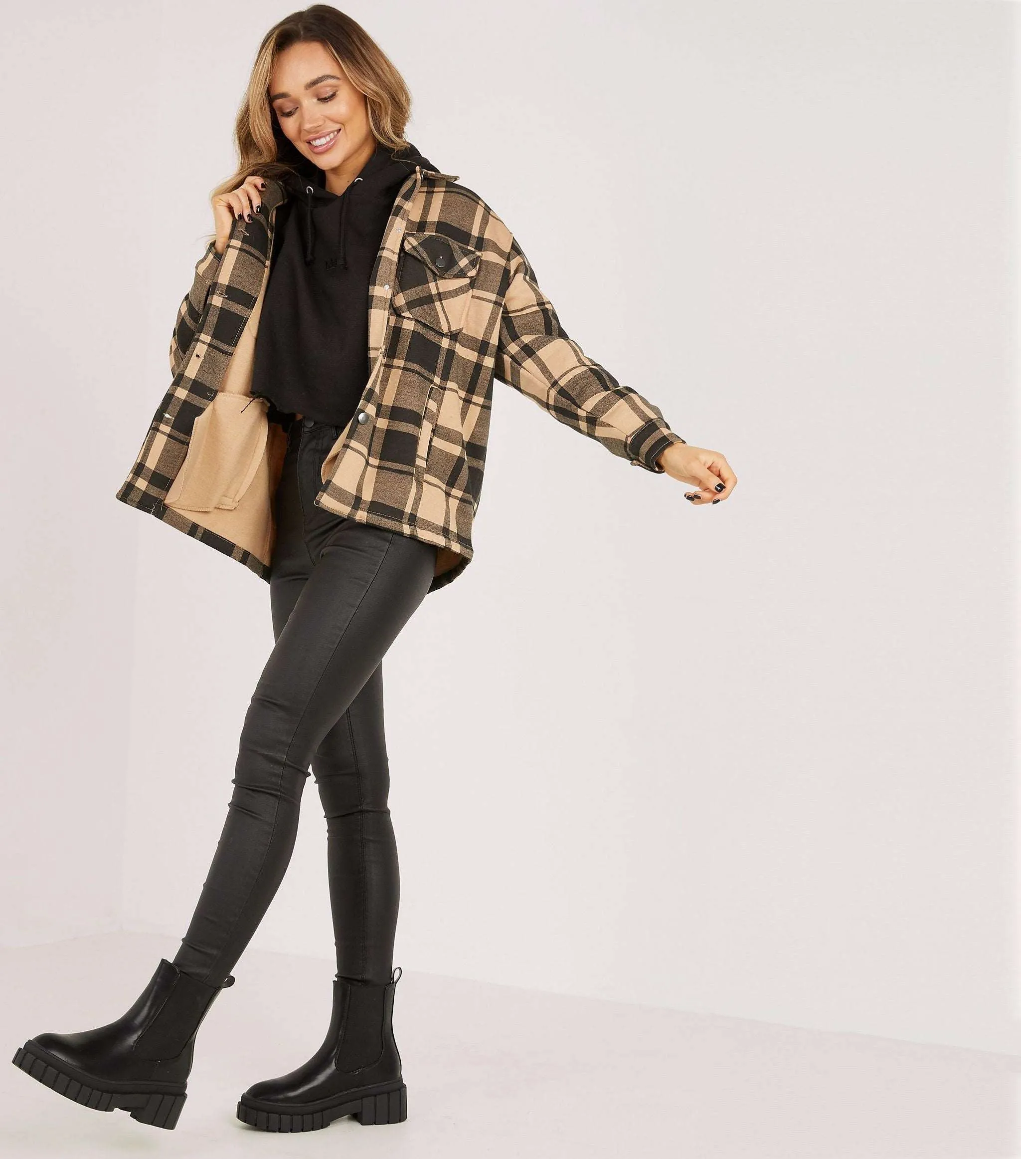 Camel & Blk Checked Shacket For Her-LSHKT-0017-Camel Brown