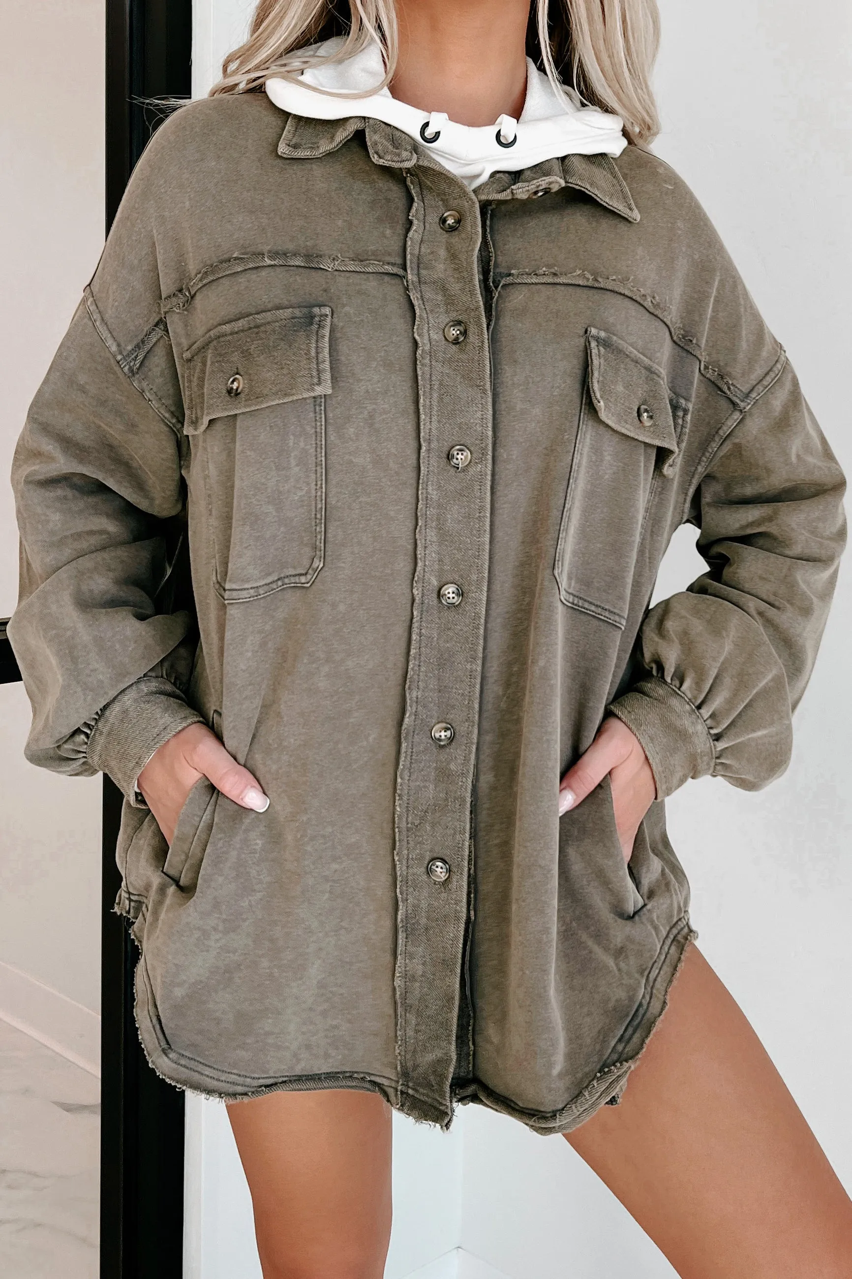 Casual In Connecticut French Terry Shacket (Olive)