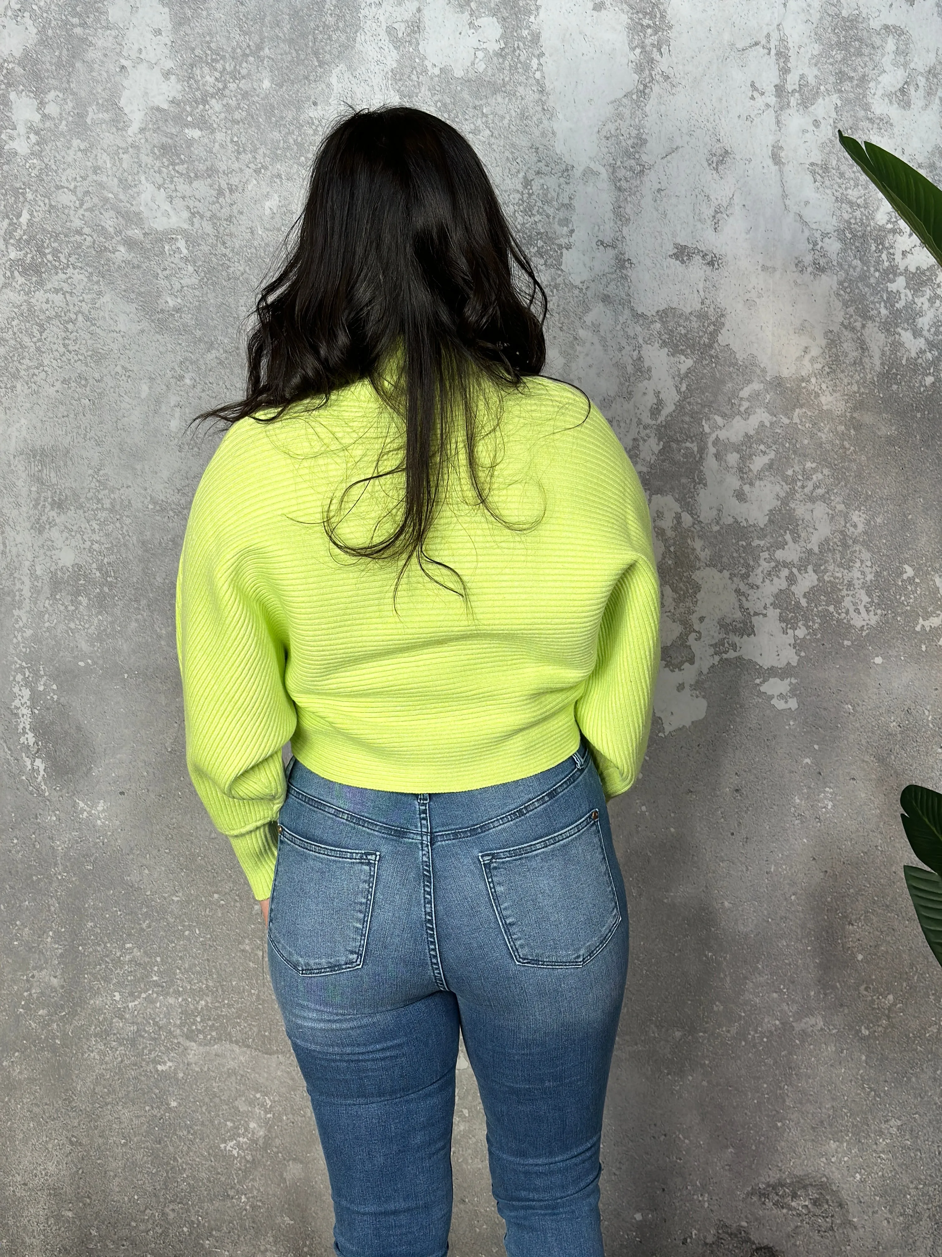 Cowl Dolman Textured Sweater - Lime Green