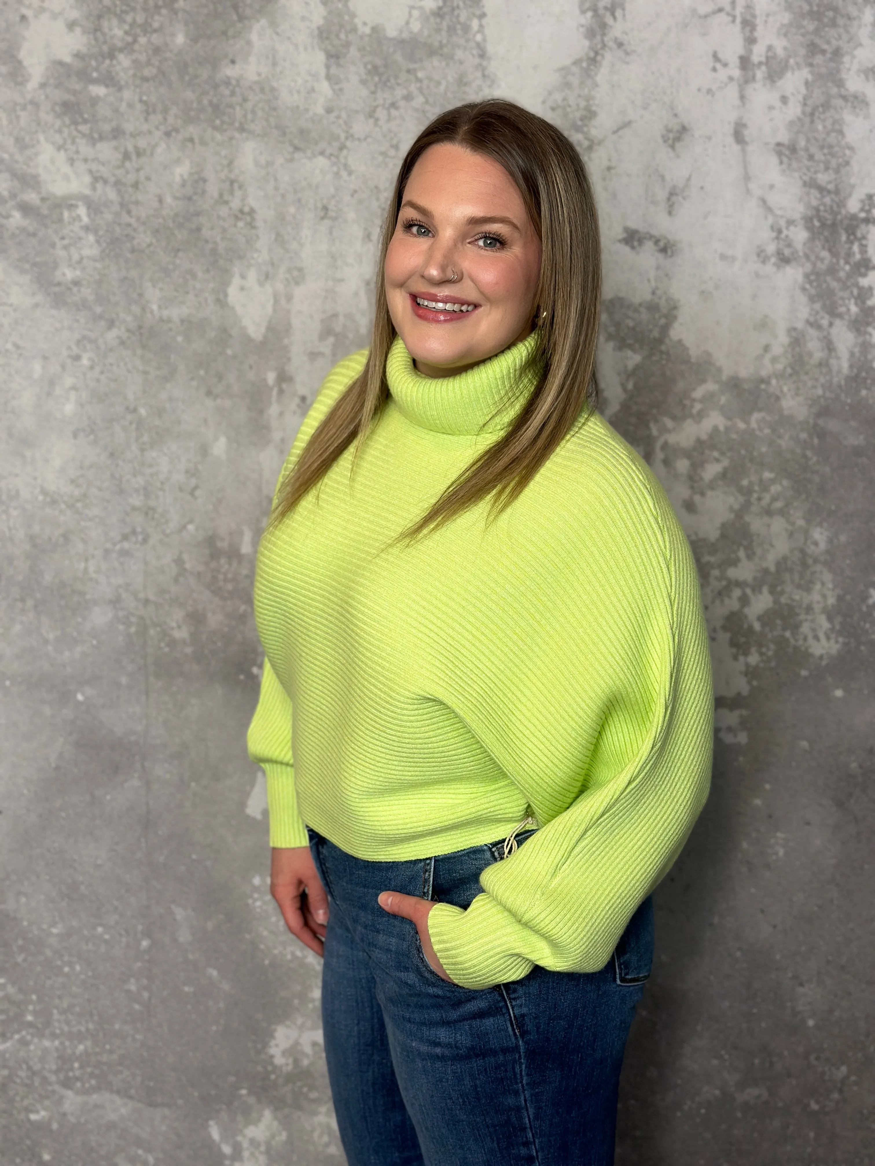 Cowl Dolman Textured Sweater - Lime Green