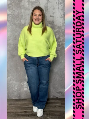 Cowl Dolman Textured Sweater - Lime Green
