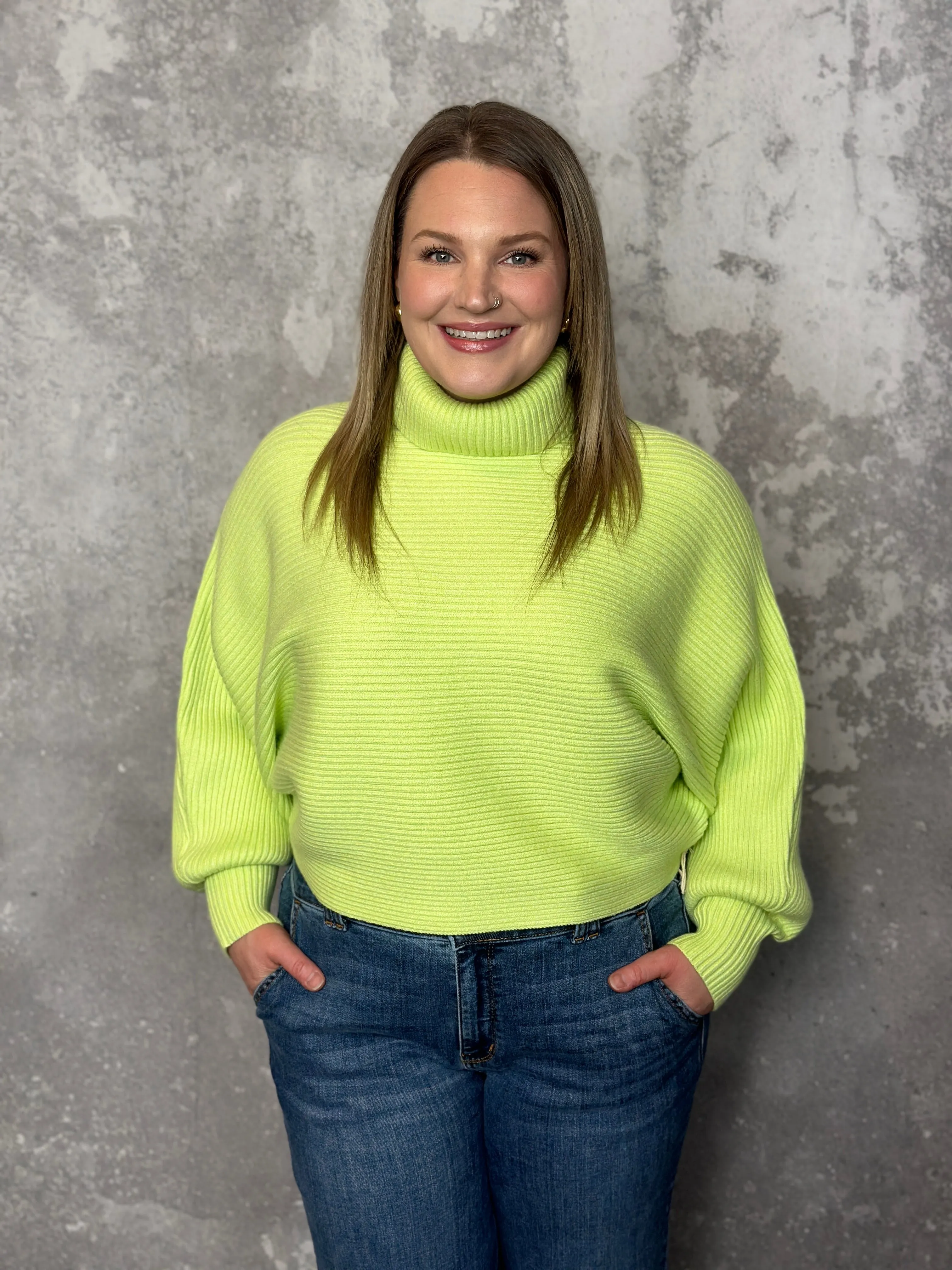 Cowl Dolman Textured Sweater - Lime Green