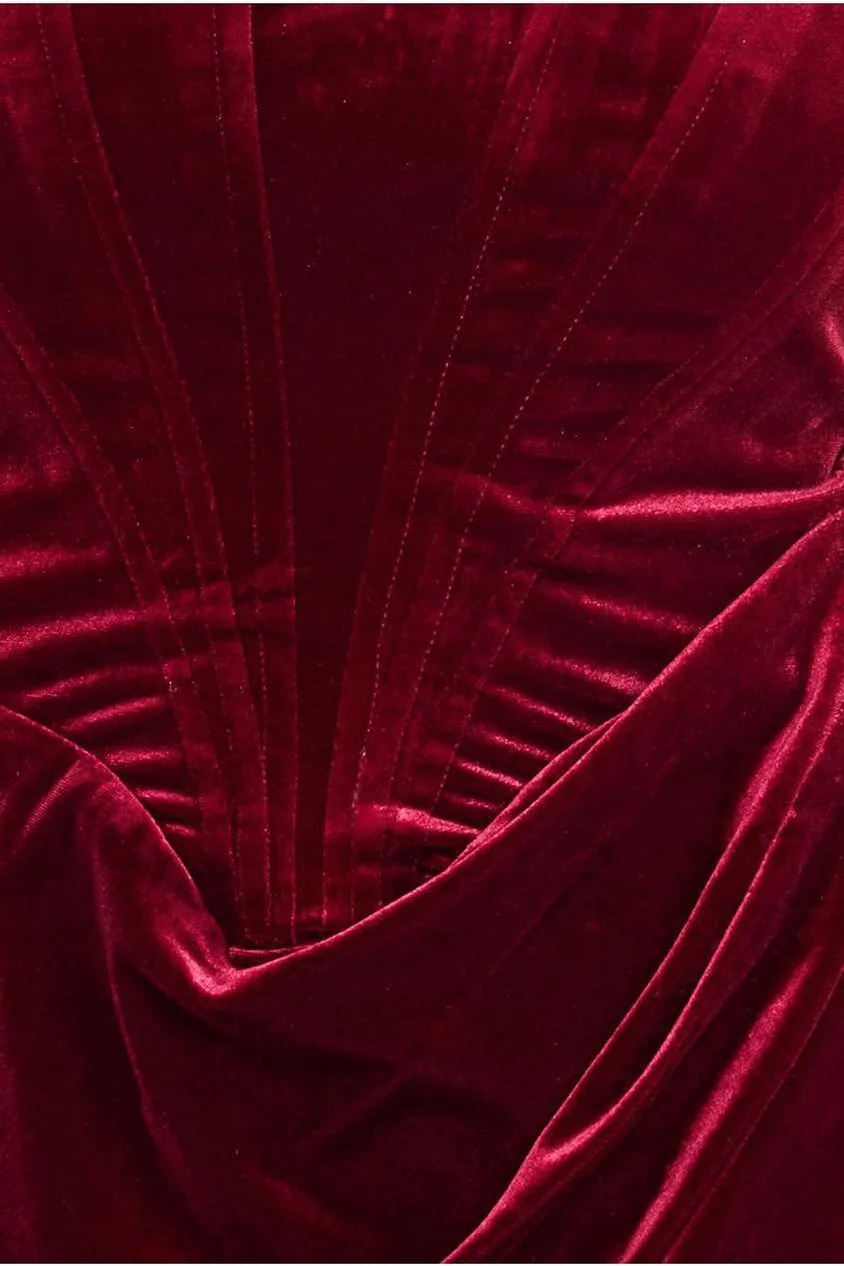 Goddiva Draped Shoulder Velvet Corset Midi Dress - Wine