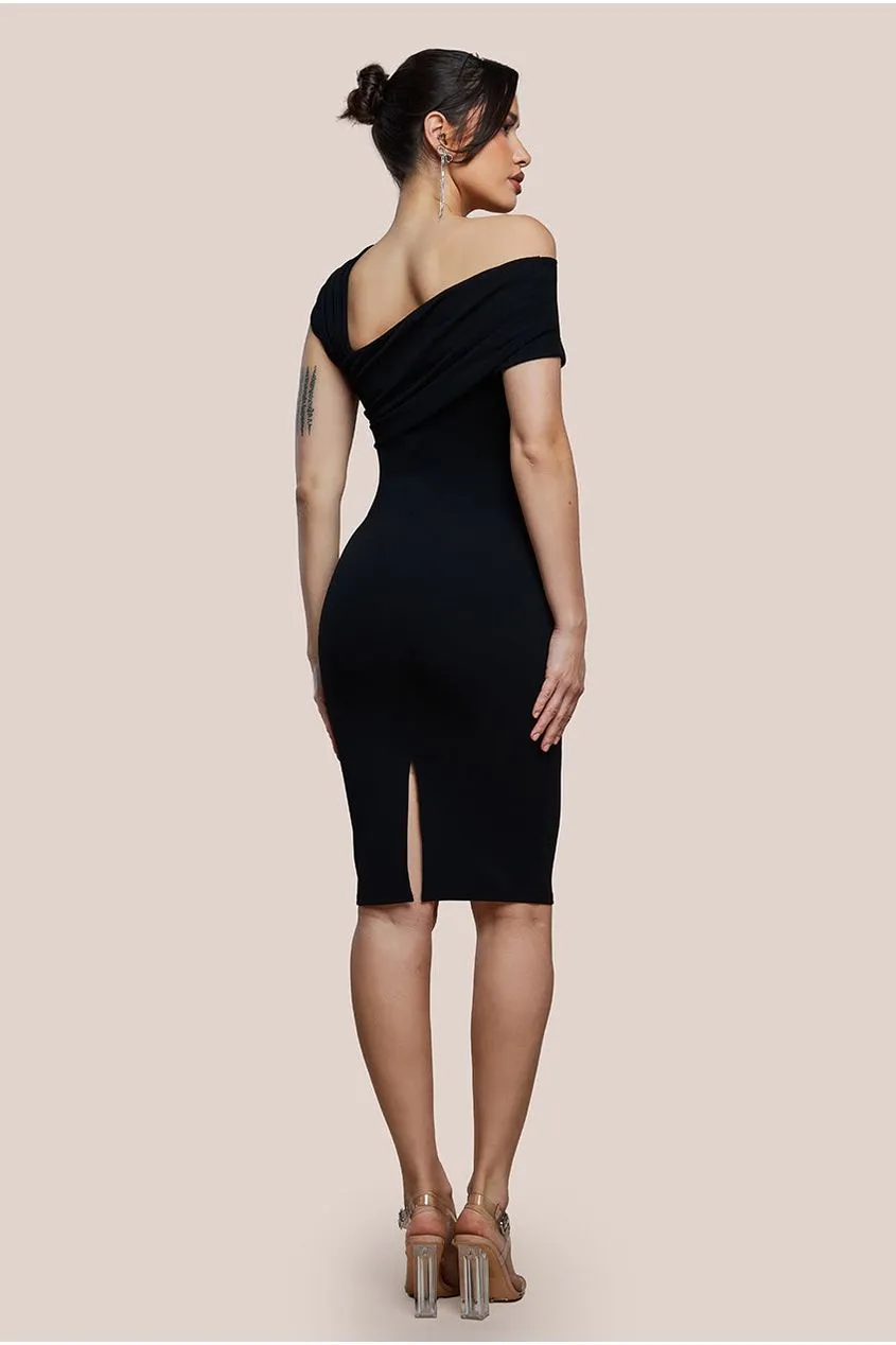 Goddiva Scuba Crepe Pleated Drop Shoulder Midi Dress - Black