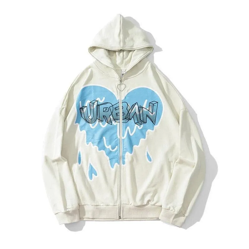 Heart-Shaped Fleece Hoodie Corduroy Zipper Hoodie - Unisex Pullover in Black & White