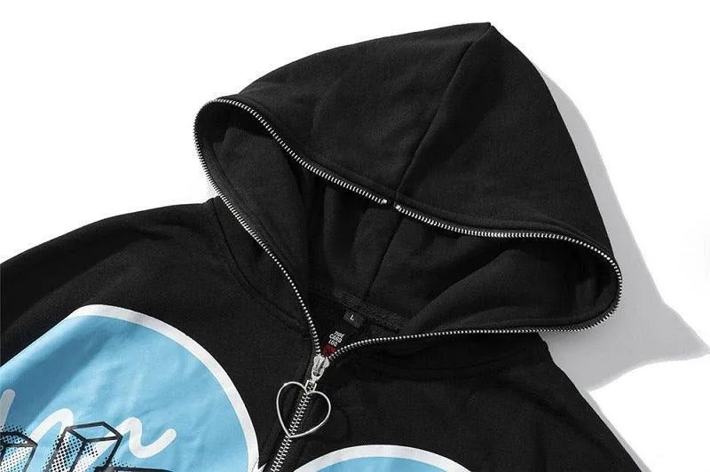 Heart-Shaped Fleece Hoodie Corduroy Zipper Hoodie - Unisex Pullover in Black & White