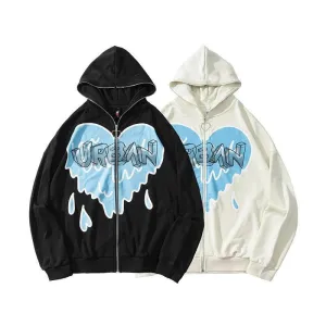 Heart-Shaped Fleece Hoodie Corduroy Zipper Hoodie - Unisex Pullover in Black & White