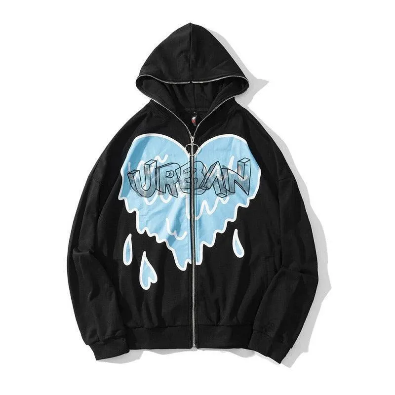 Heart-Shaped Fleece Hoodie Corduroy Zipper Hoodie - Unisex Pullover in Black & White
