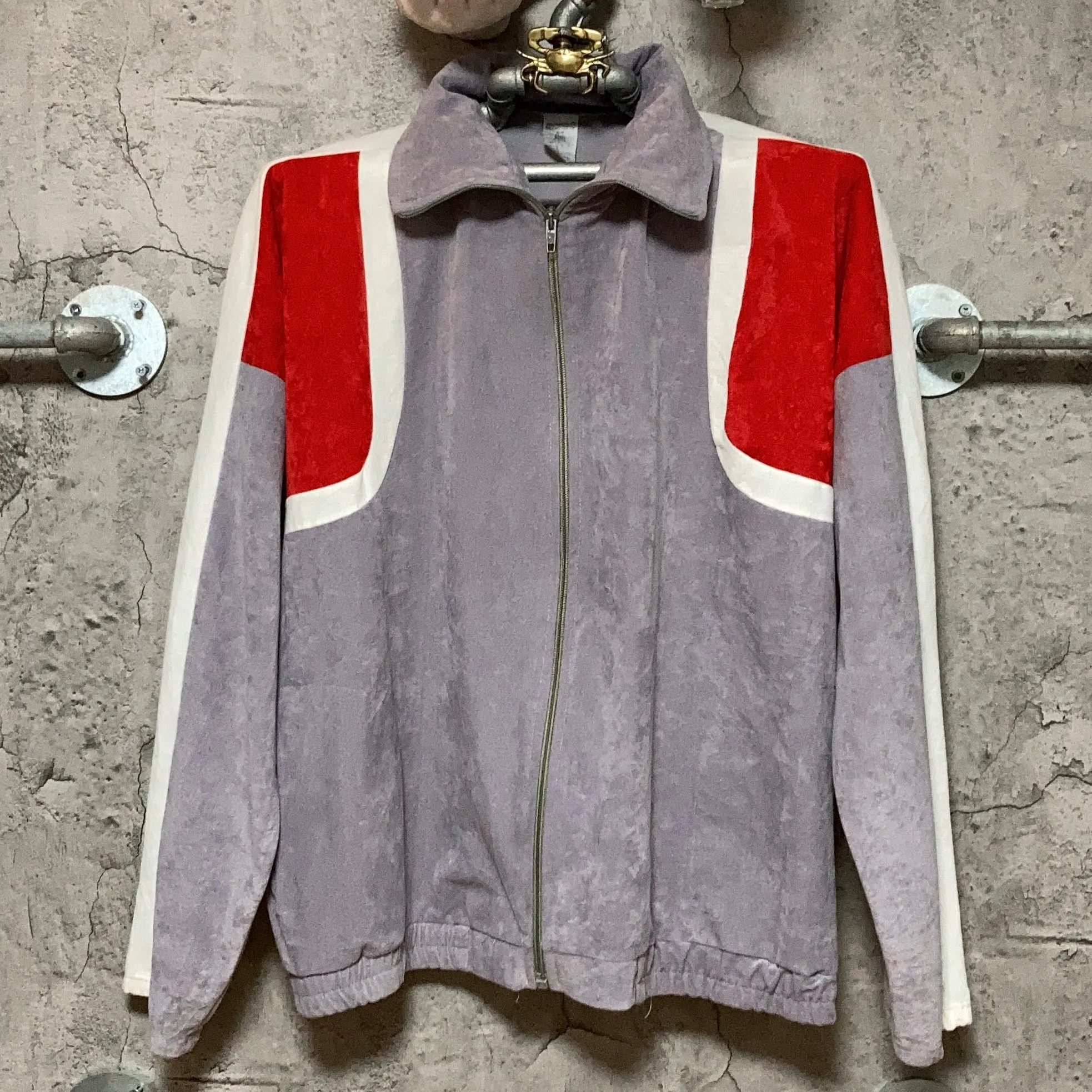 high necked track jacket gray red white