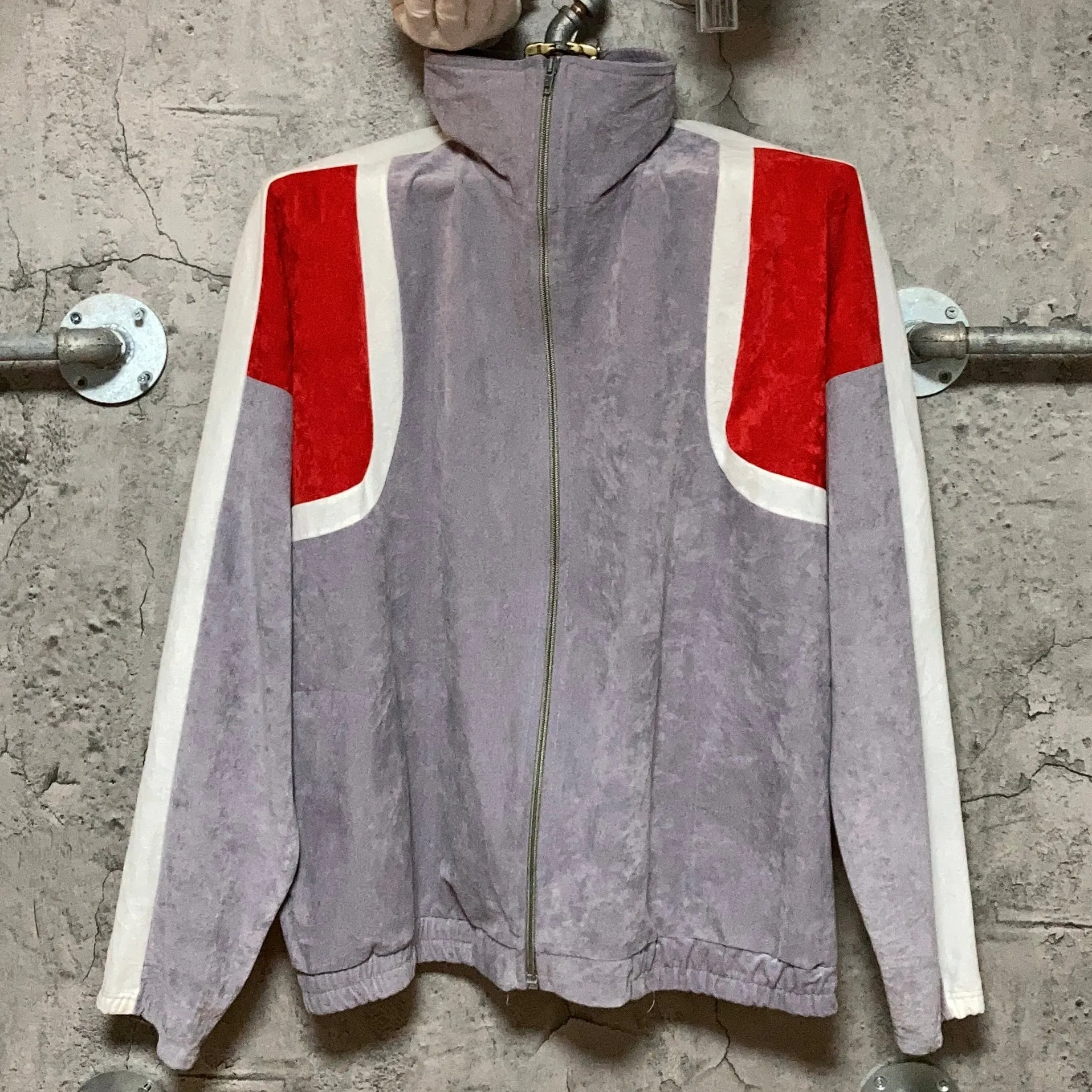 high necked track jacket gray red white
