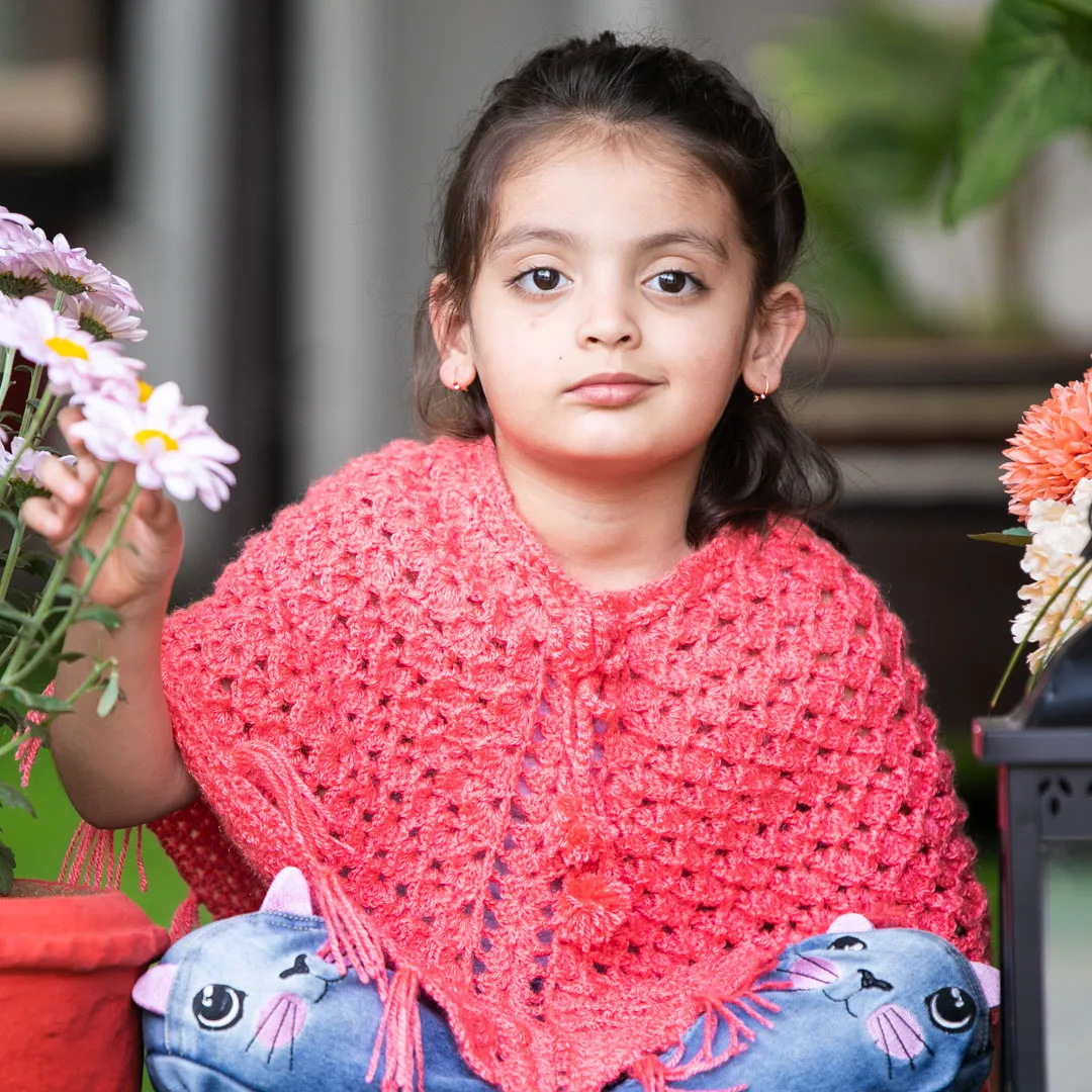 Infant's dark Peach Hand-Knitted Woollen Poncho For Girl's