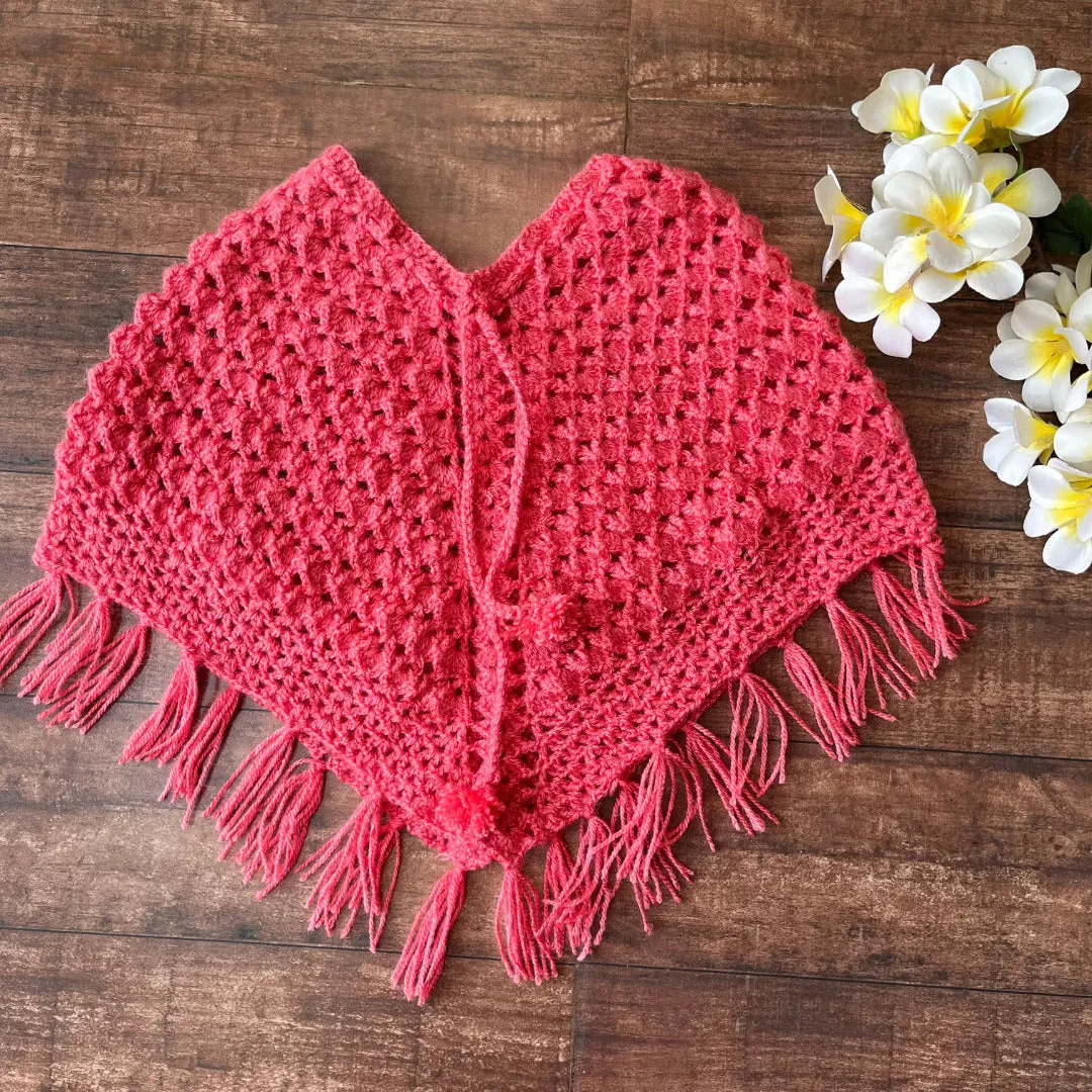 Infant's dark Peach Hand-Knitted Woollen Poncho For Girl's