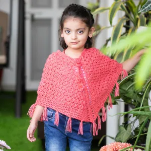 Infant's dark Peach Hand-Knitted Woollen Poncho For Girl's
