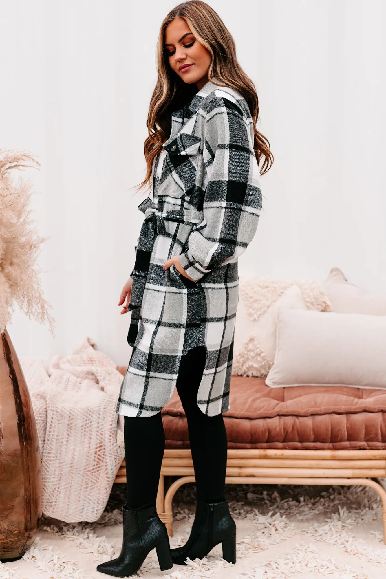 Keep Checkin Plaid Long Shacket (Black)