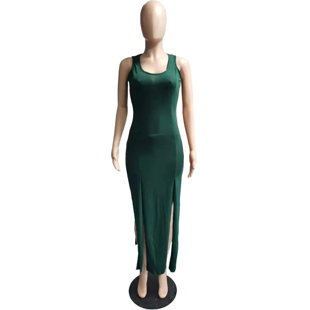 MB FASHION Curve-Hugging High-Low Maxi Dress with Side Slit 7165R S AND M