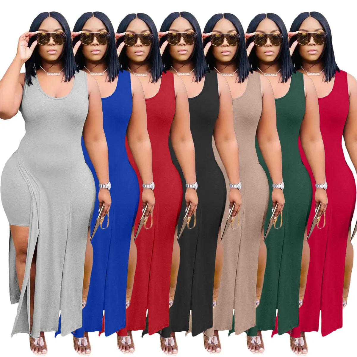 MB FASHION Curve-Hugging High-Low Maxi Dress with Side Slit 7165R S AND M