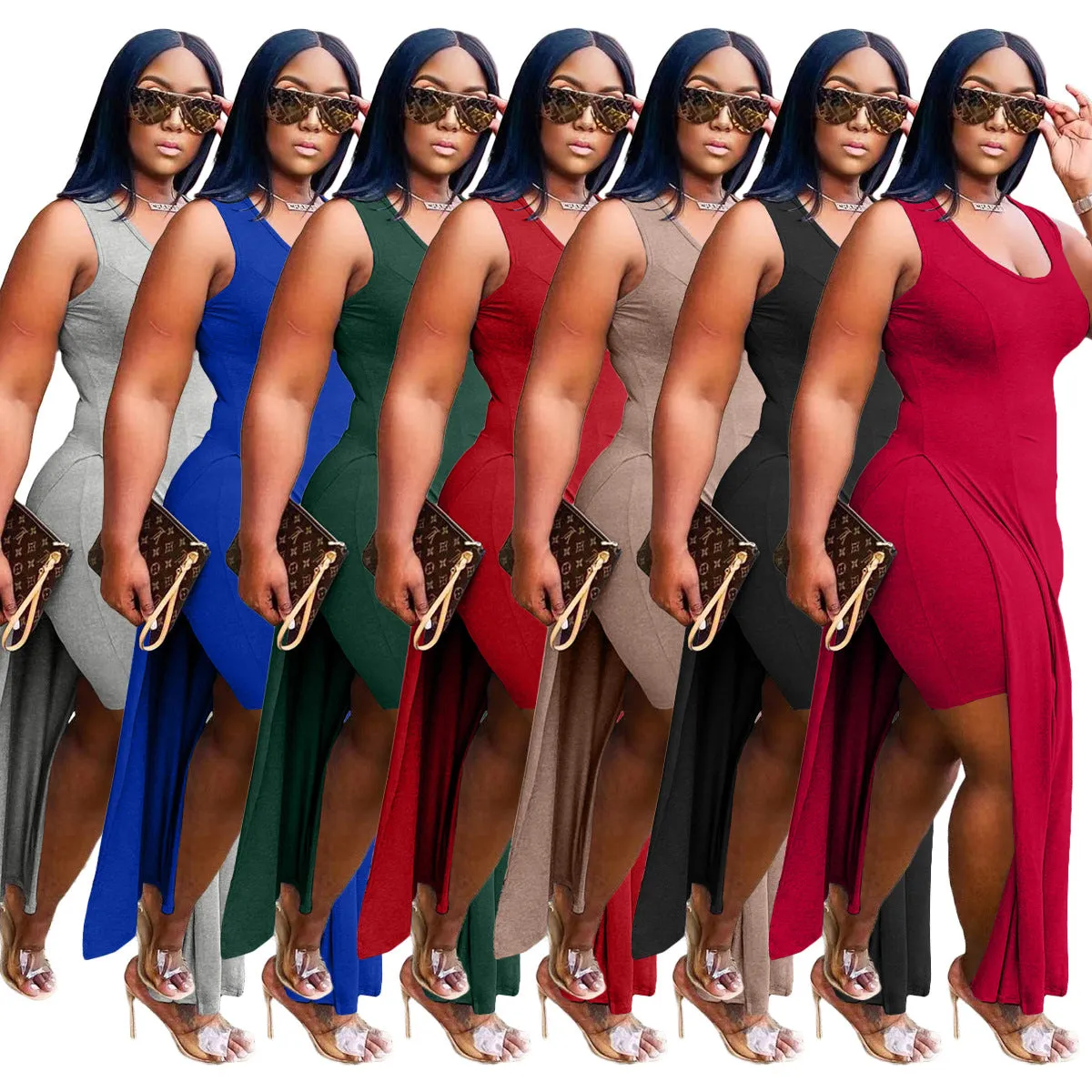 MB FASHION Curve-Hugging High-Low Maxi Dress with Side Slit 7165R S AND M
