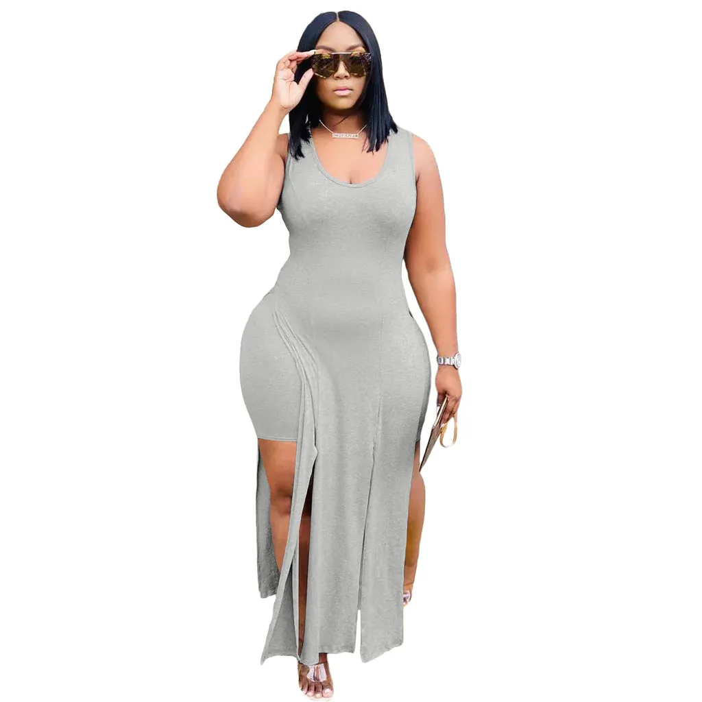 MB FASHION Curve-Hugging High-Low Maxi Dress with Side Slit 7165R S AND M