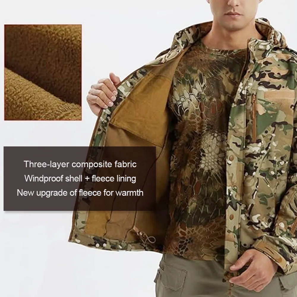 Men's Winter Camo Military Tactical Jacket Fleeced Hooded Outwear Softshell Windbreaker Coat