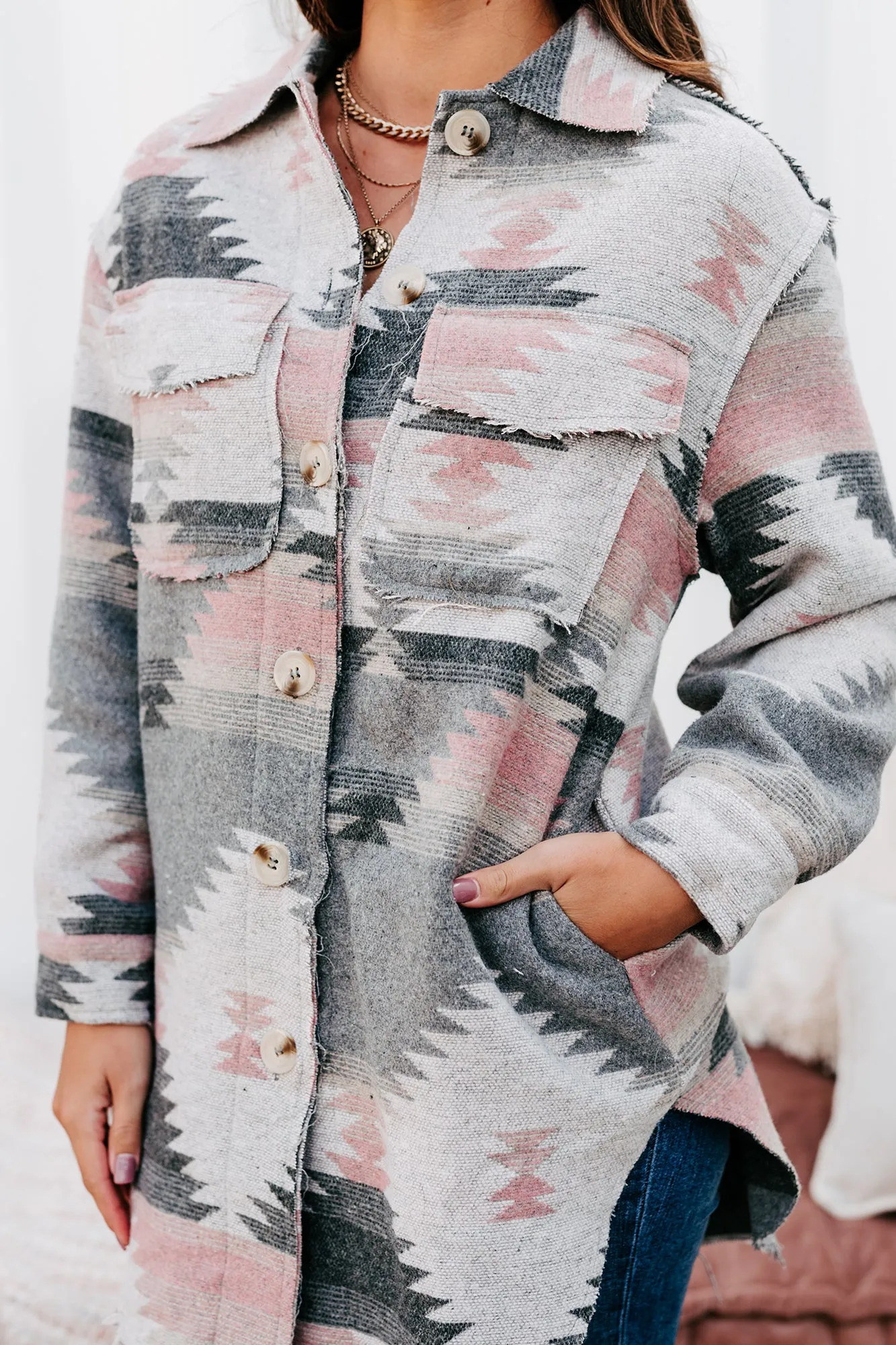 Mojave Moment Long Aztec Print Shacket (Grey)