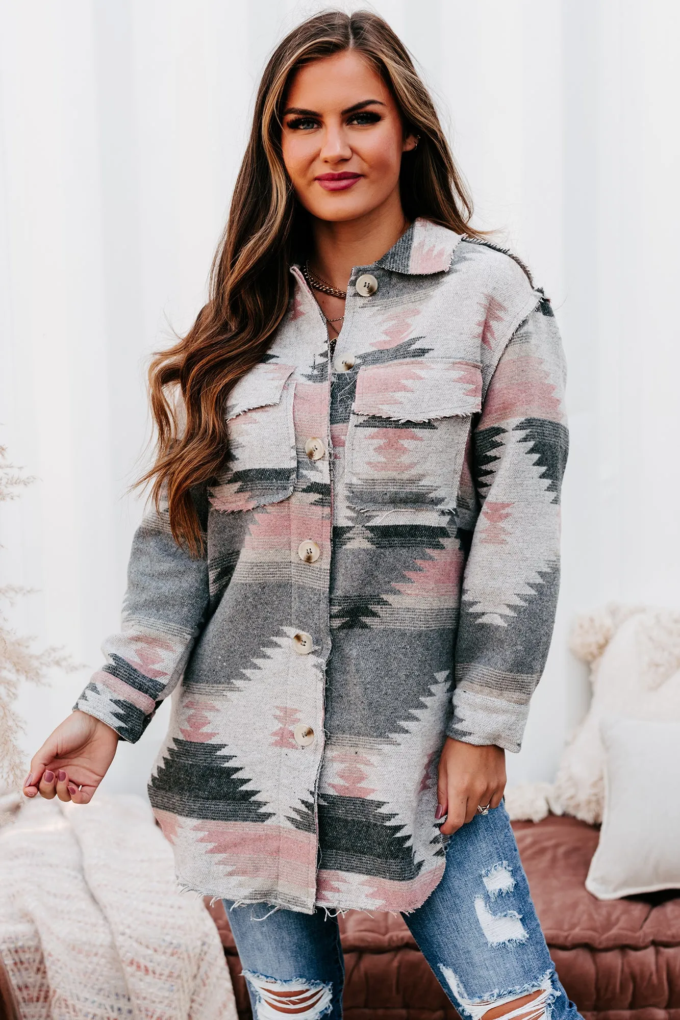 Mojave Moment Long Aztec Print Shacket (Grey)