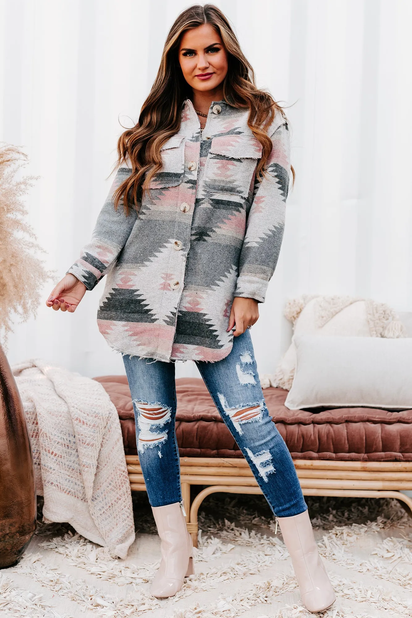 Mojave Moment Long Aztec Print Shacket (Grey)