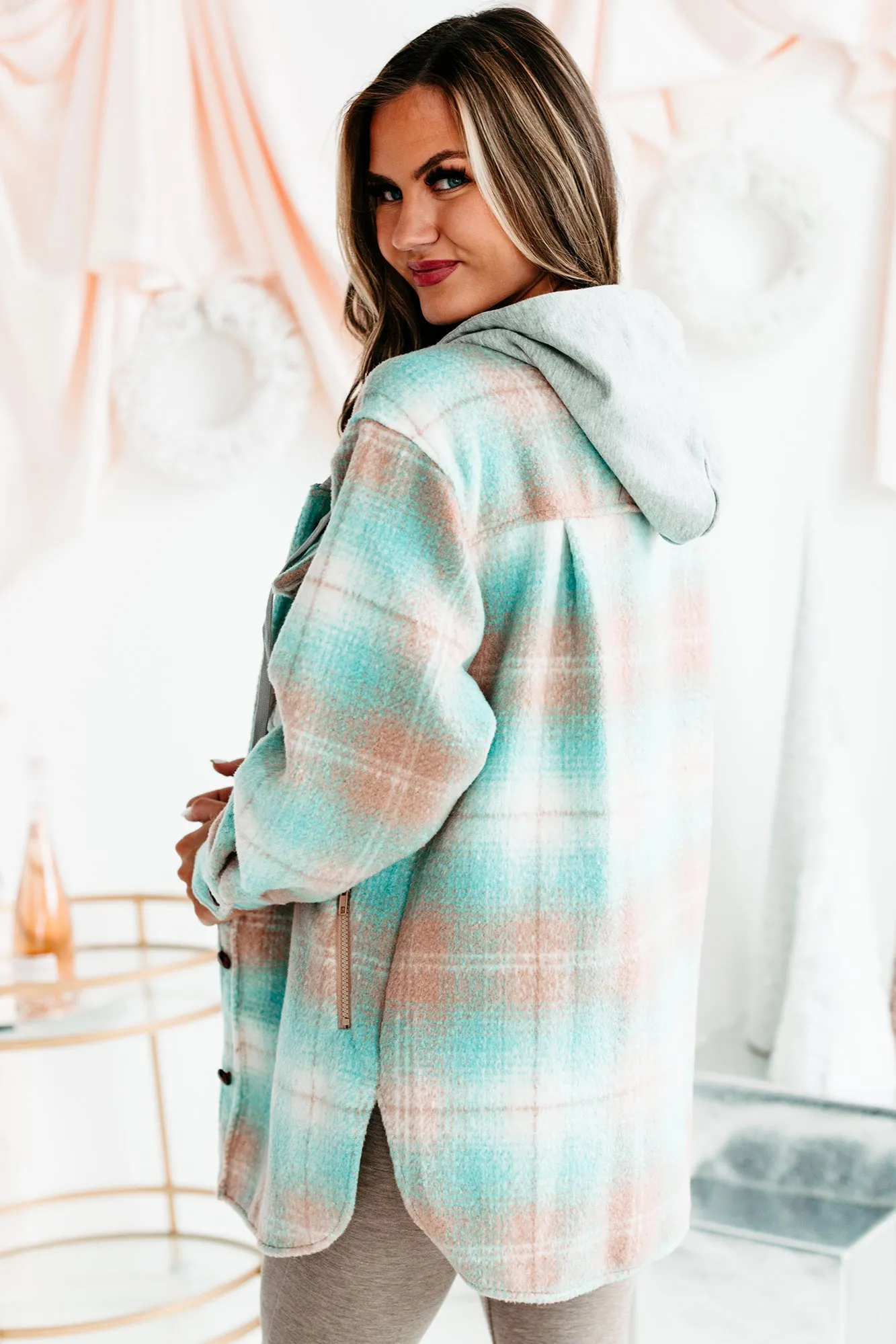Mountain Retreat Hooded Plaid Shacket (Teal/Sand)