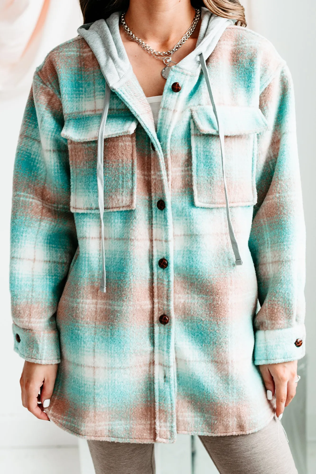 Mountain Retreat Hooded Plaid Shacket (Teal/Sand)