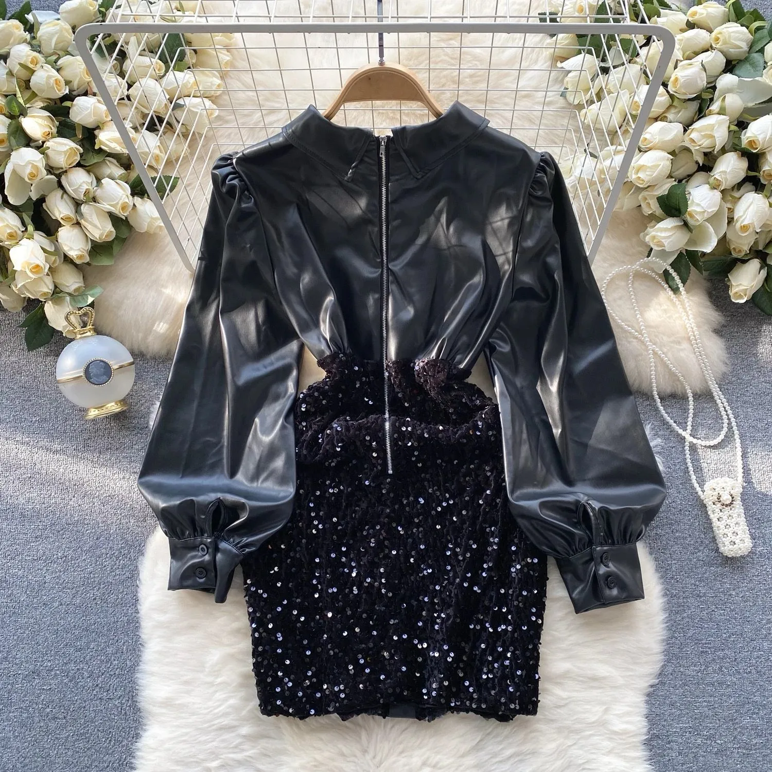 Party wear leather sequin dress