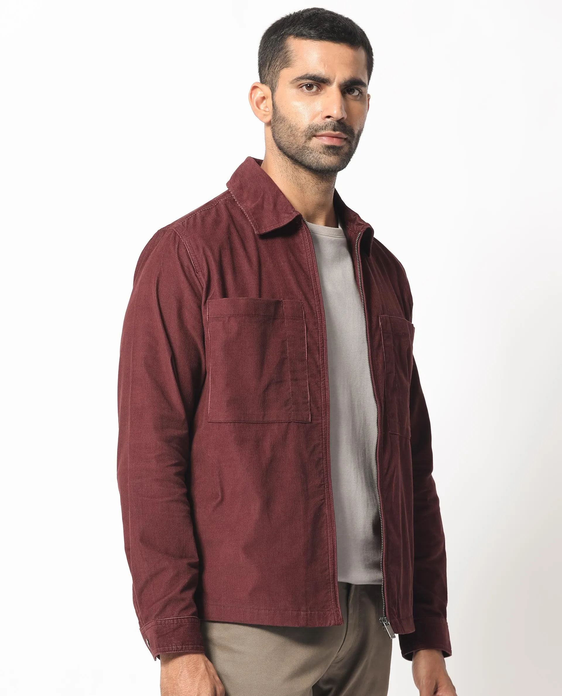 Rare Rabbit Men's Jilin Dark Maroon Cotton Fabric Full Sleeves Zip Closure Solid Twill Shacket