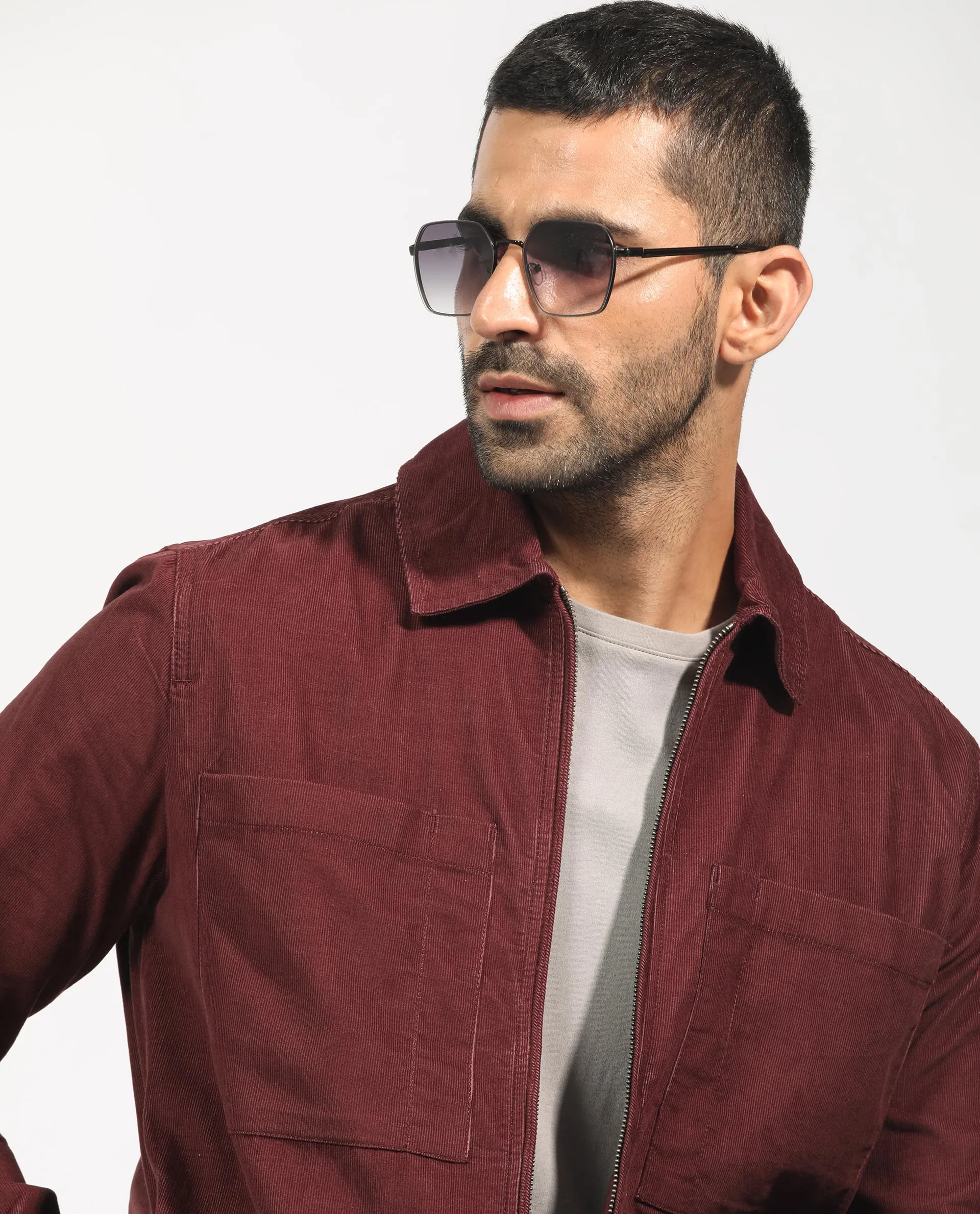 Rare Rabbit Men's Jilin Dark Maroon Cotton Fabric Full Sleeves Zip Closure Solid Twill Shacket