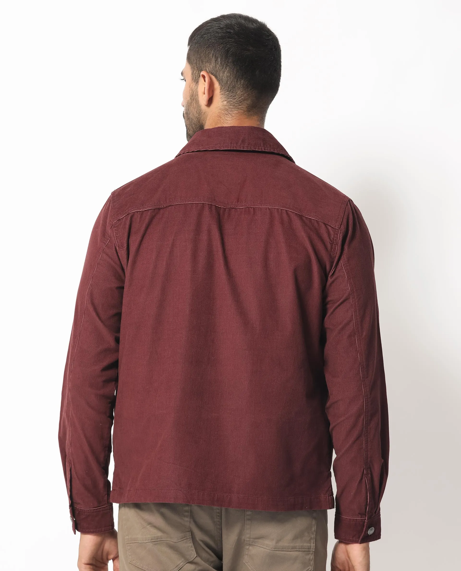 Rare Rabbit Men's Jilin Dark Maroon Cotton Fabric Full Sleeves Zip Closure Solid Twill Shacket