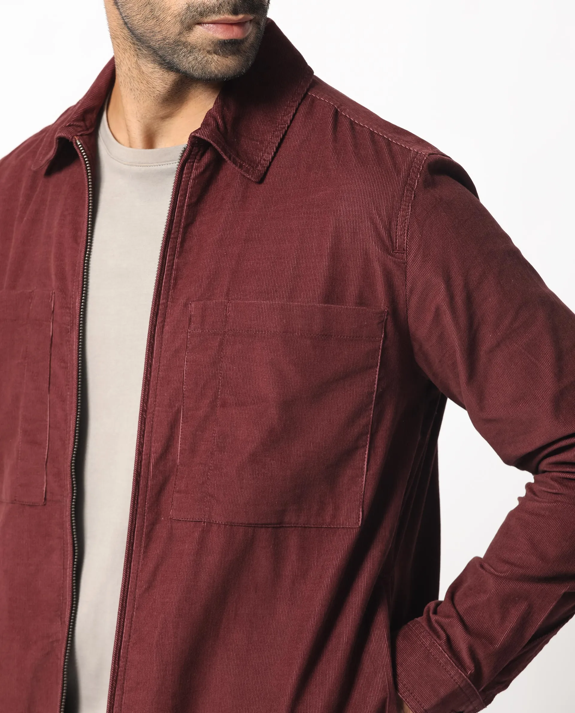 Rare Rabbit Men's Jilin Dark Maroon Cotton Fabric Full Sleeves Zip Closure Solid Twill Shacket