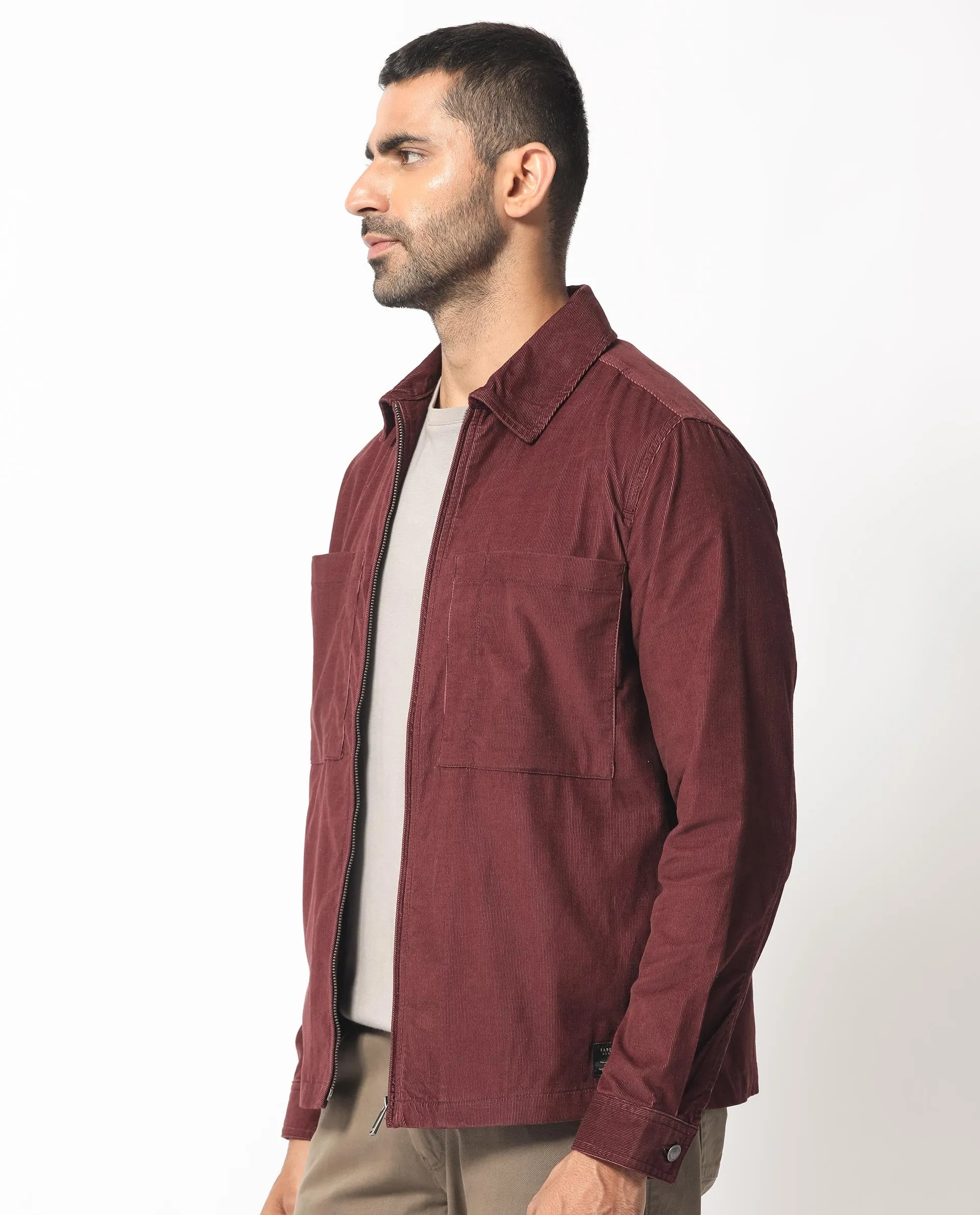 Rare Rabbit Men's Jilin Dark Maroon Cotton Fabric Full Sleeves Zip Closure Solid Twill Shacket