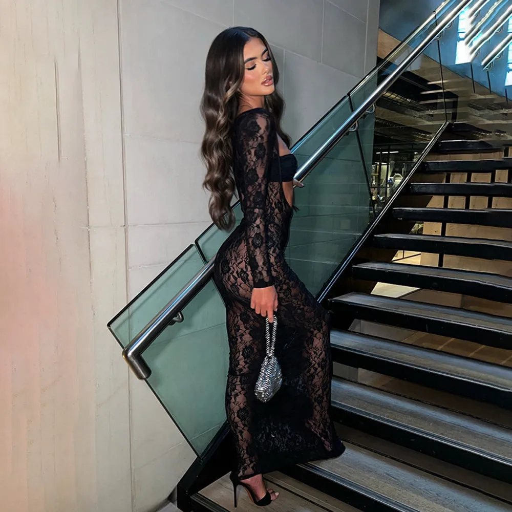 Regina Vintage Lace Cut Out Sheer Maxi Dress