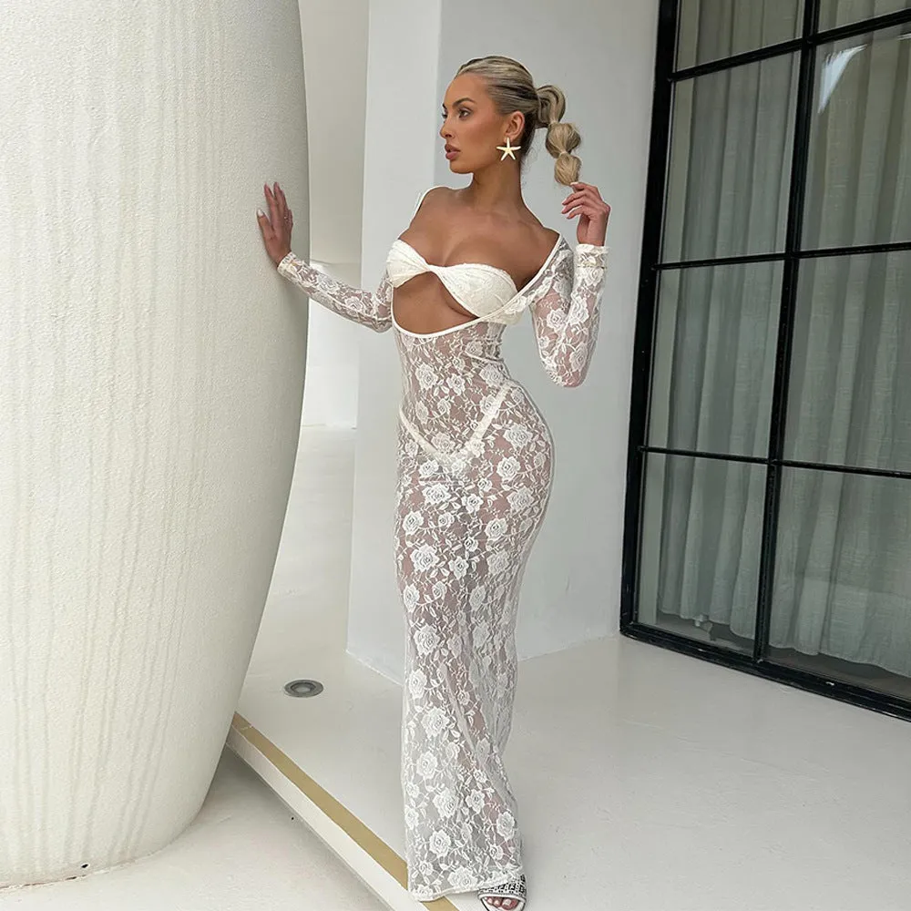 Regina Vintage Lace Cut Out Sheer Maxi Dress