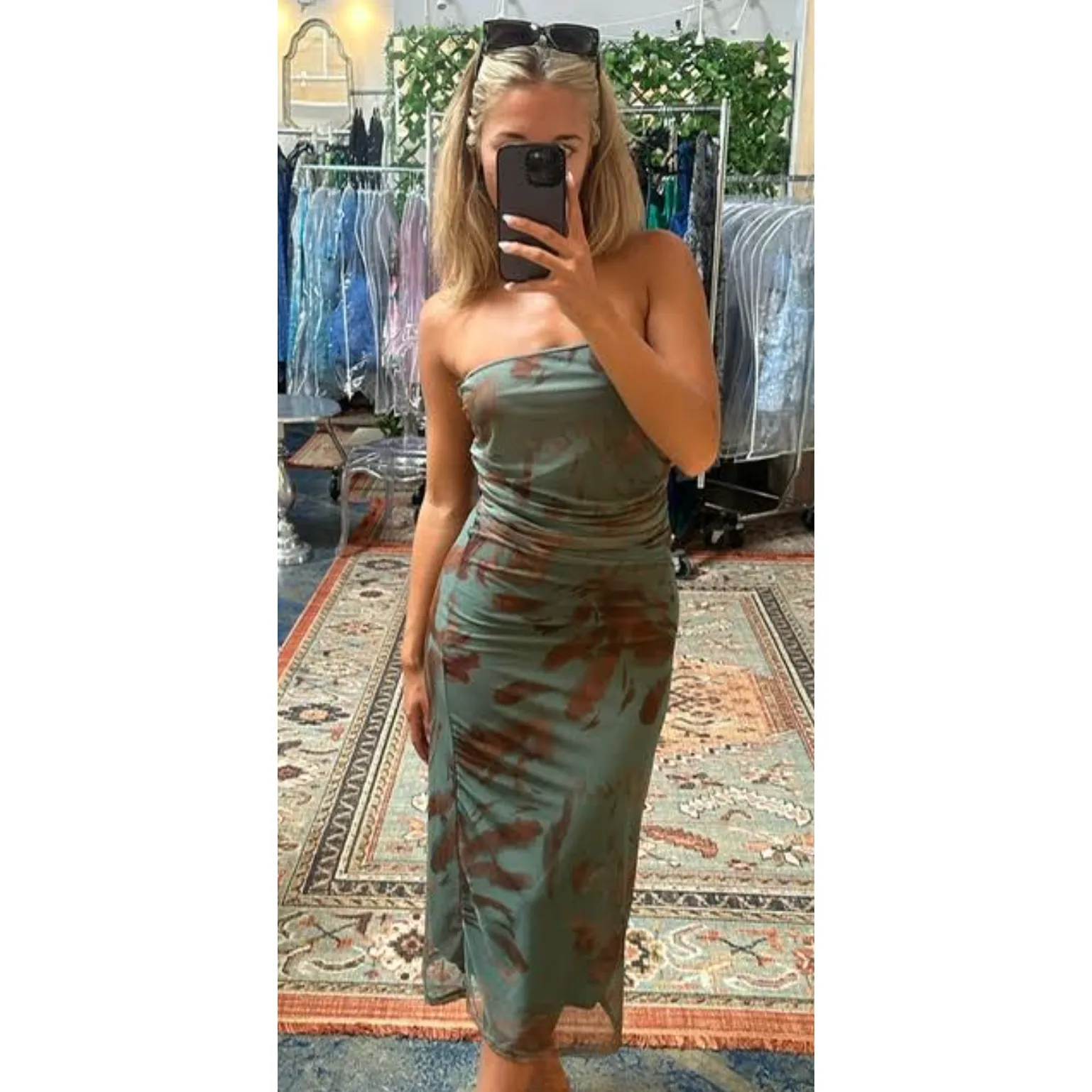 The Fiji Sage Green Print Mesh Midi Dress