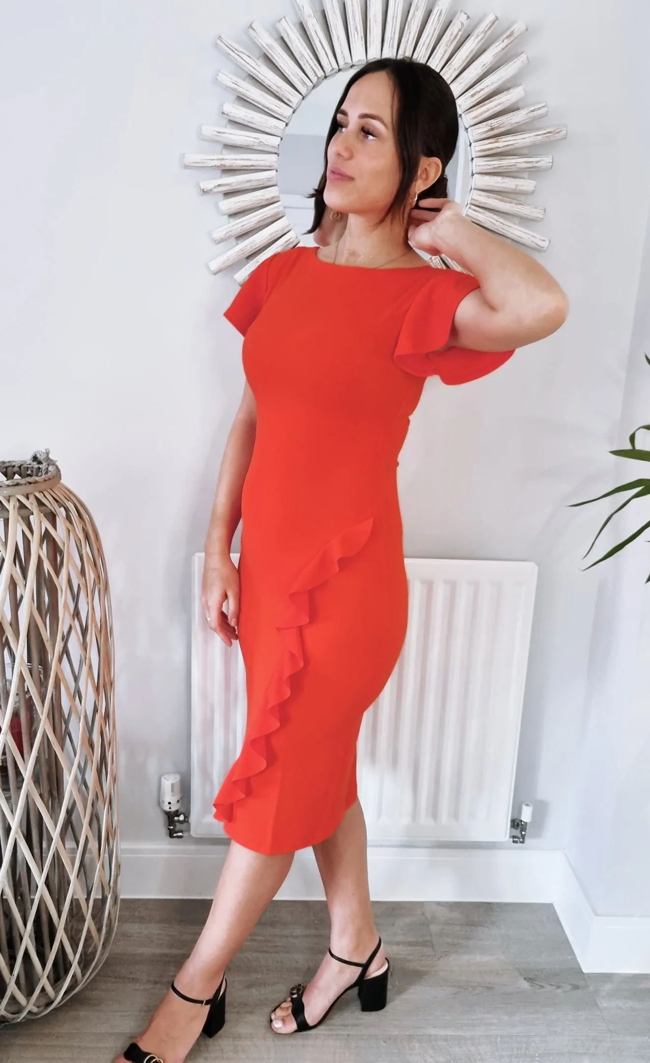 Tulsa Frill Front Cap Sleeve Midi Dress In Flame Red