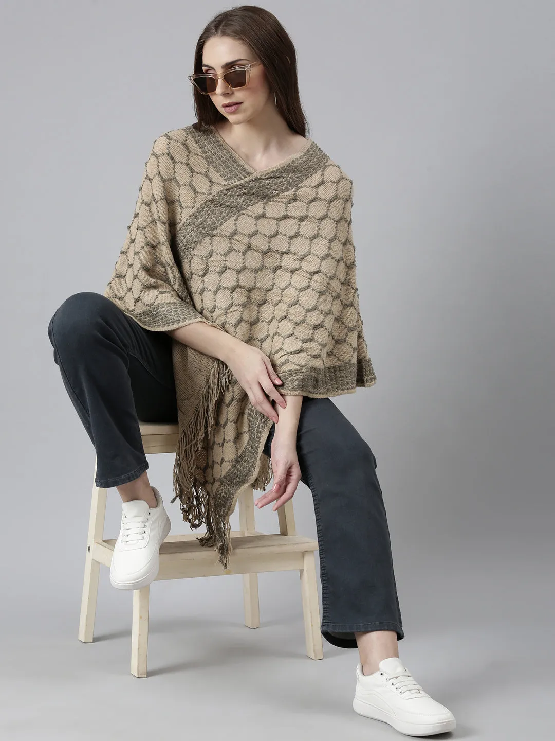 Women Beige Self Design Poncho