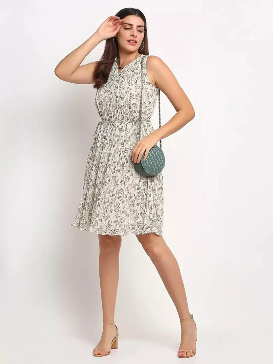 Women Cream Sleeveless Knee Length Dress