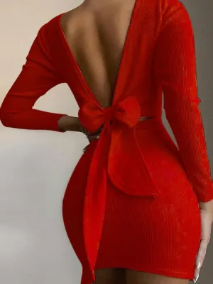 Women Open Back Knotted Long Sleeve Bodycon Dress Solid Low Cut Mini Party Dress