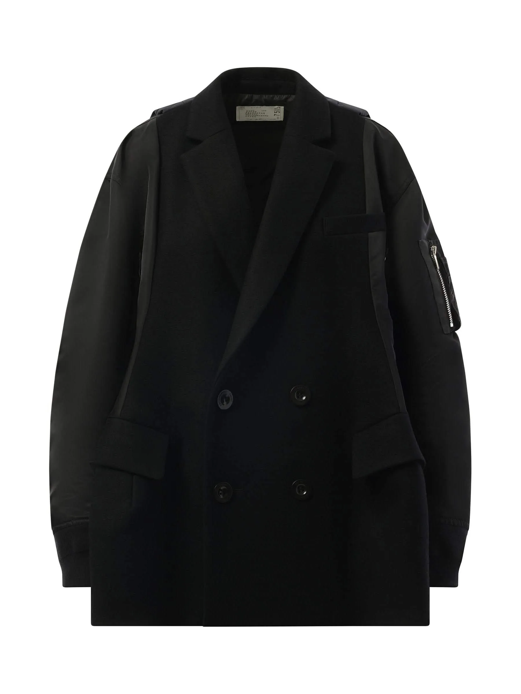 Wool Melton x Nylon Twill Quilted Coat in Black